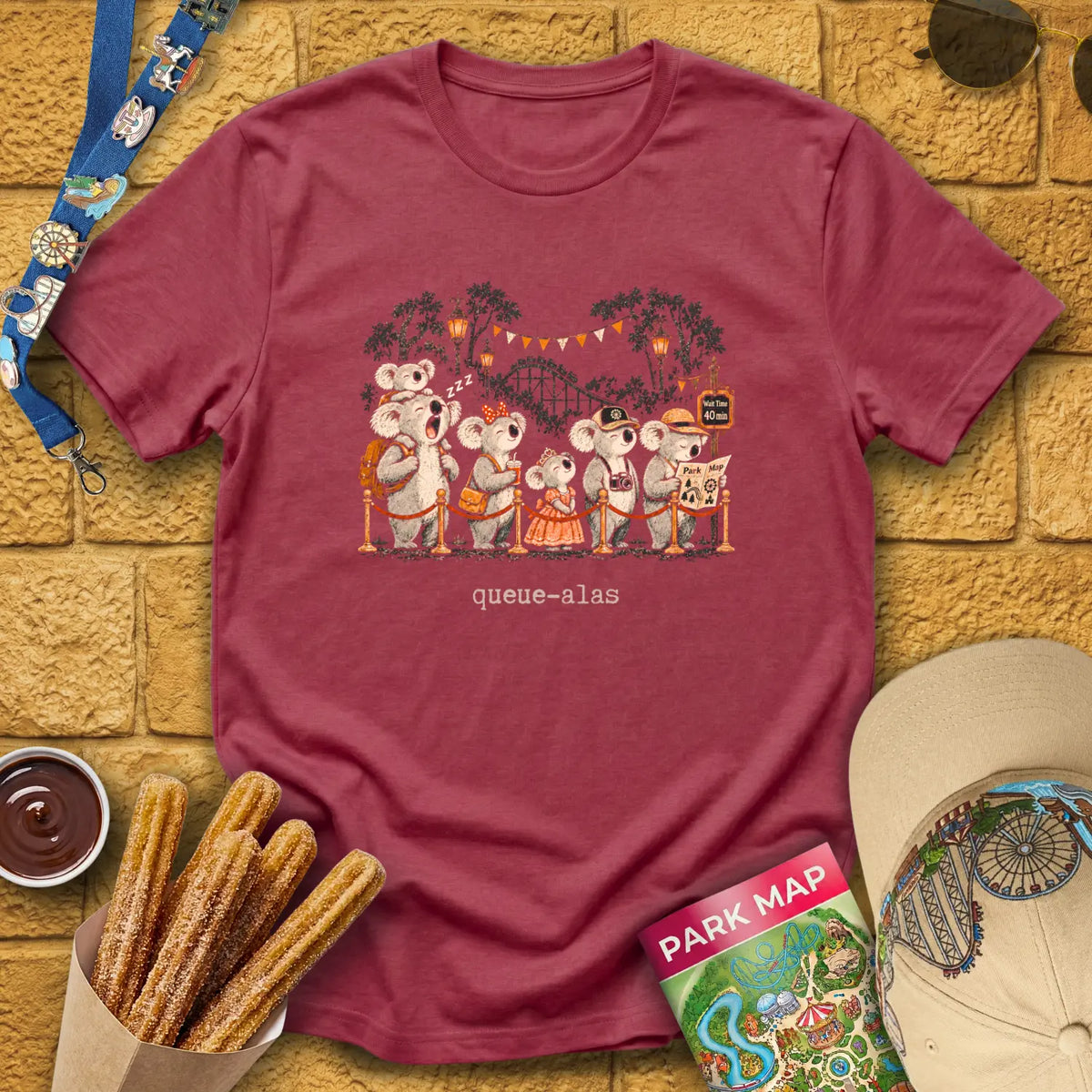 Queue-Alas [Chalky] T-Shirt for Theme Park Fans (Heather Cardinal)