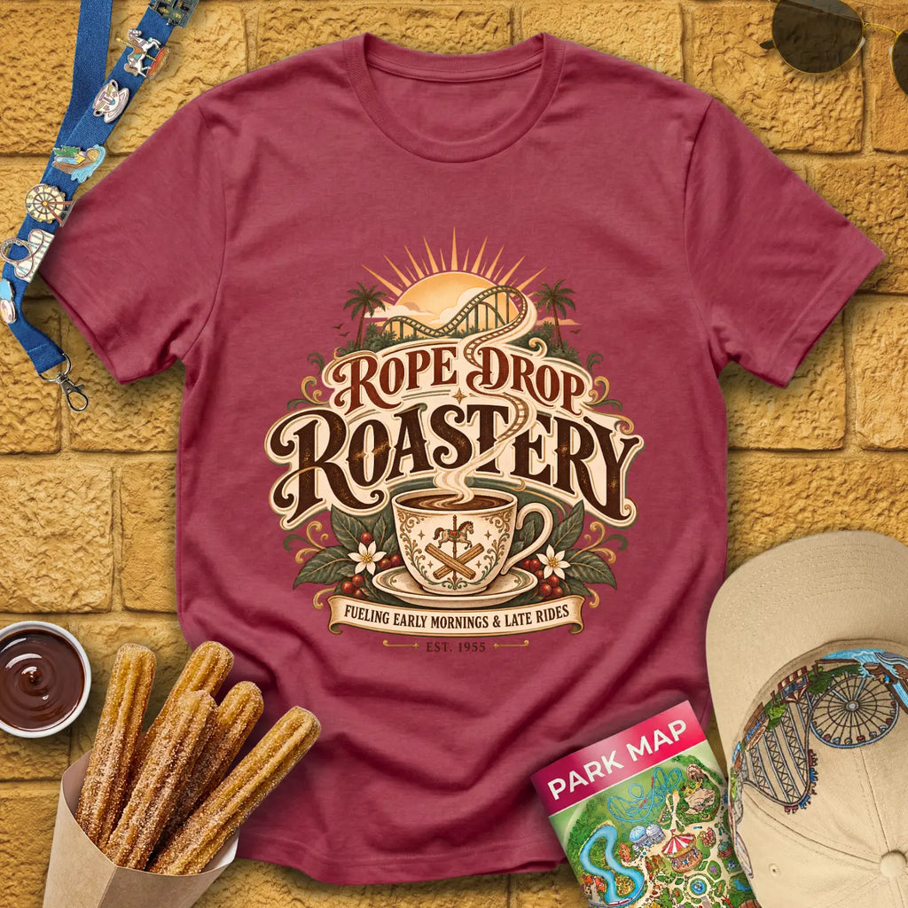 Rope Drop Roastery [Vintage] T-Shirt for Theme Park Fans (Heather Cardinal)