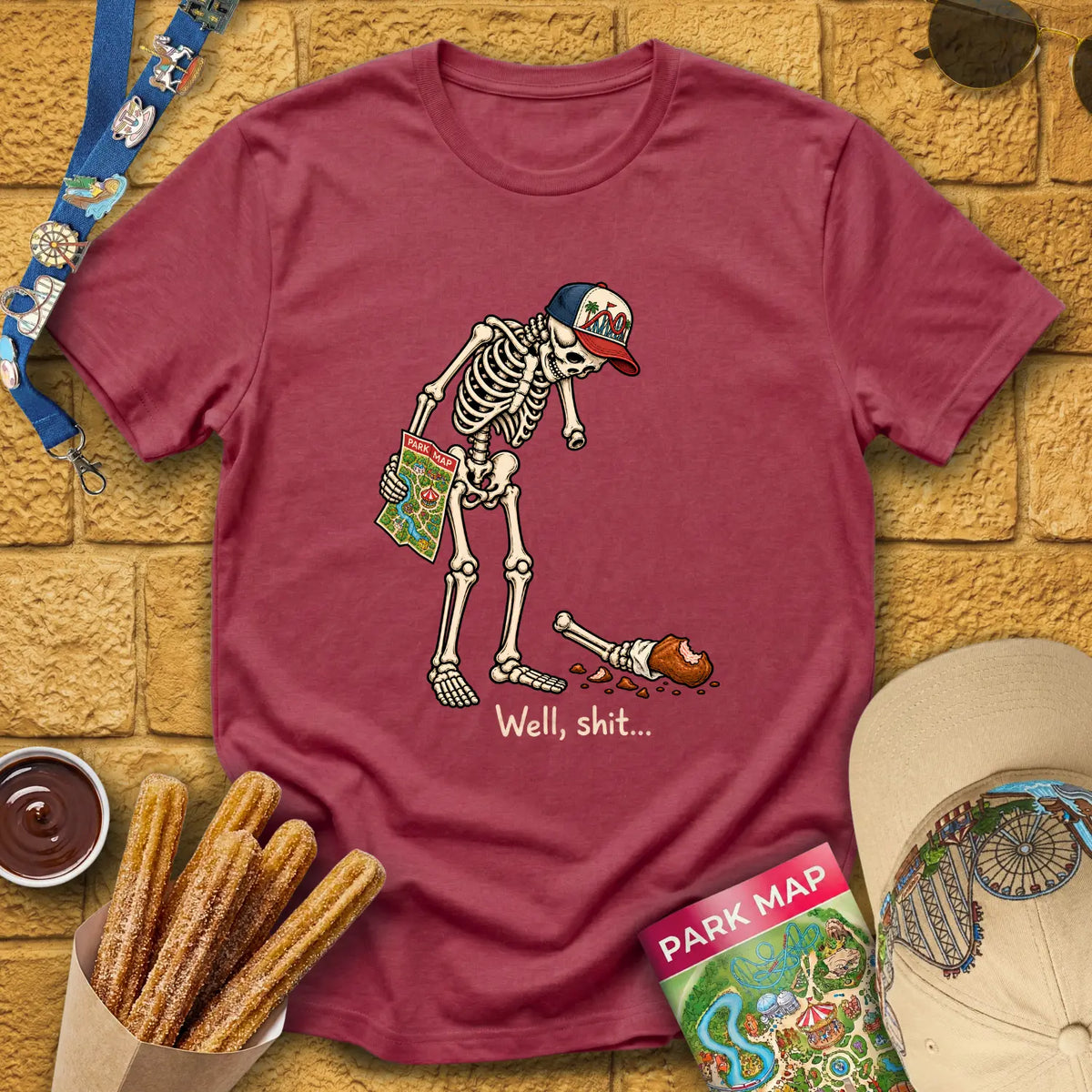 Skeleton & Turkey [Illu] T-Shirt for Theme Park Fans (Heather Cardinal)