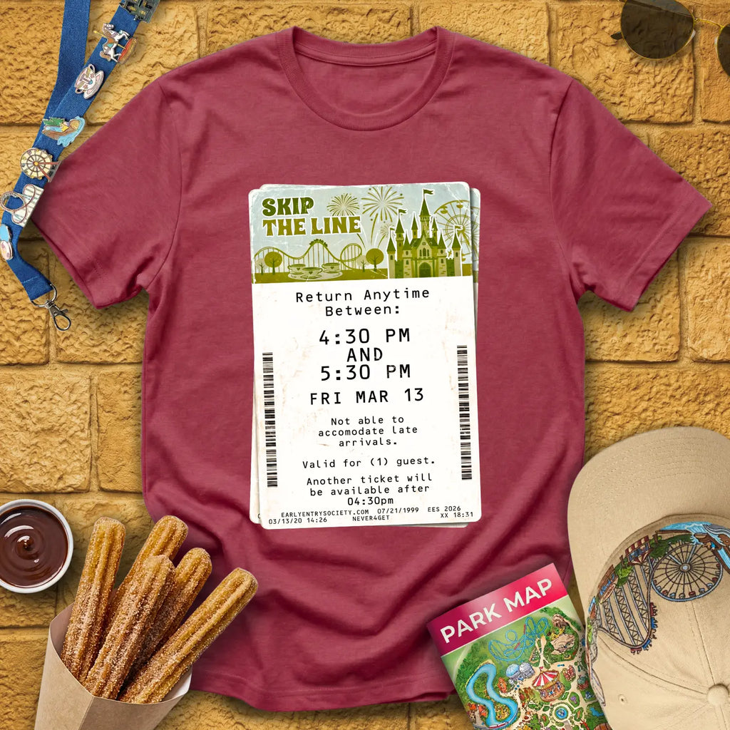 Skip The Line Ticket [Retro] T-Shirt for Theme Park Fans (Heather Cardinal)