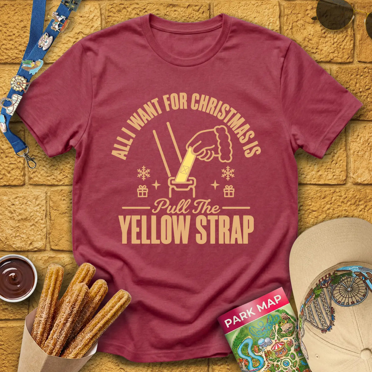 Yellow Strap Christmas [Emblem] T-Shirt for Theme Park Fans (Heather Cardinal)