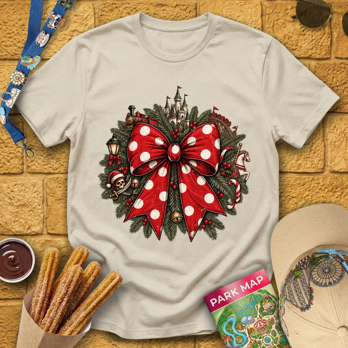 Christmas Ribbon [Vintage] T-Shirt for Theme Park Fans (Sand)