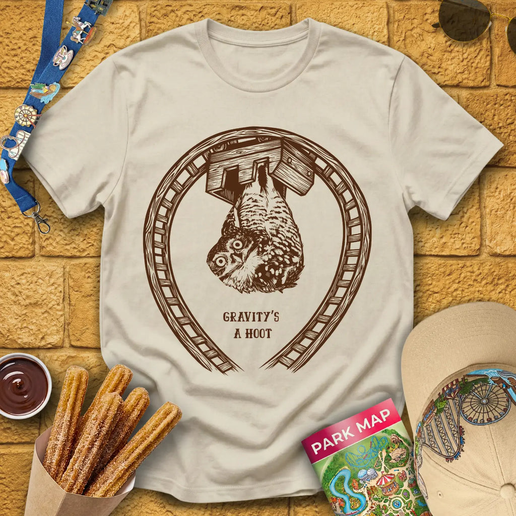 Coaster Owl [LinoCut] T-Shirt for Theme Park Fans (Sand)