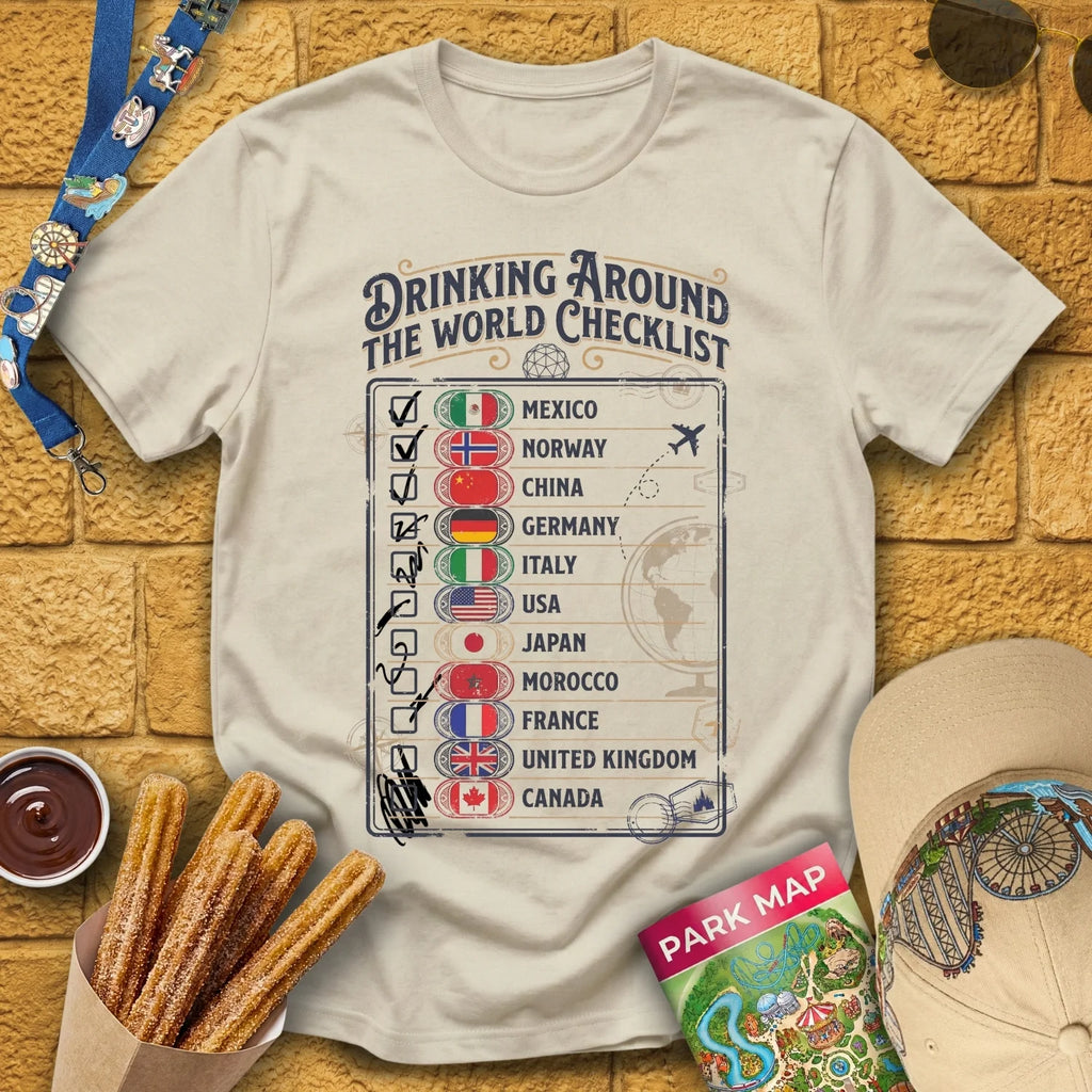 Drinking Checklist [Voyage] T-Shirt for Theme Park Fans (Sand)