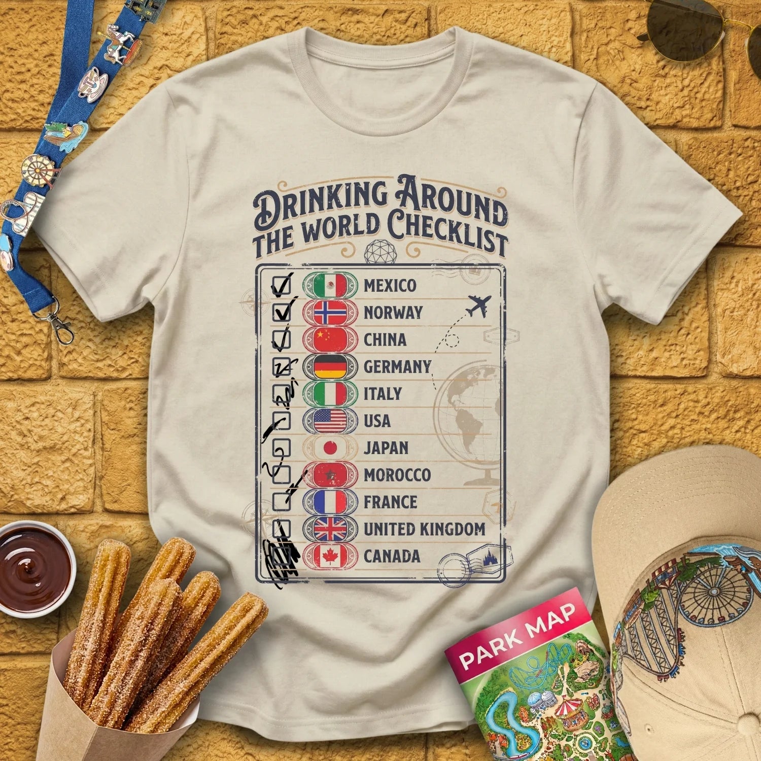Drinking Checklist [Voyage] T-Shirt for Theme Park Fans (Sand)