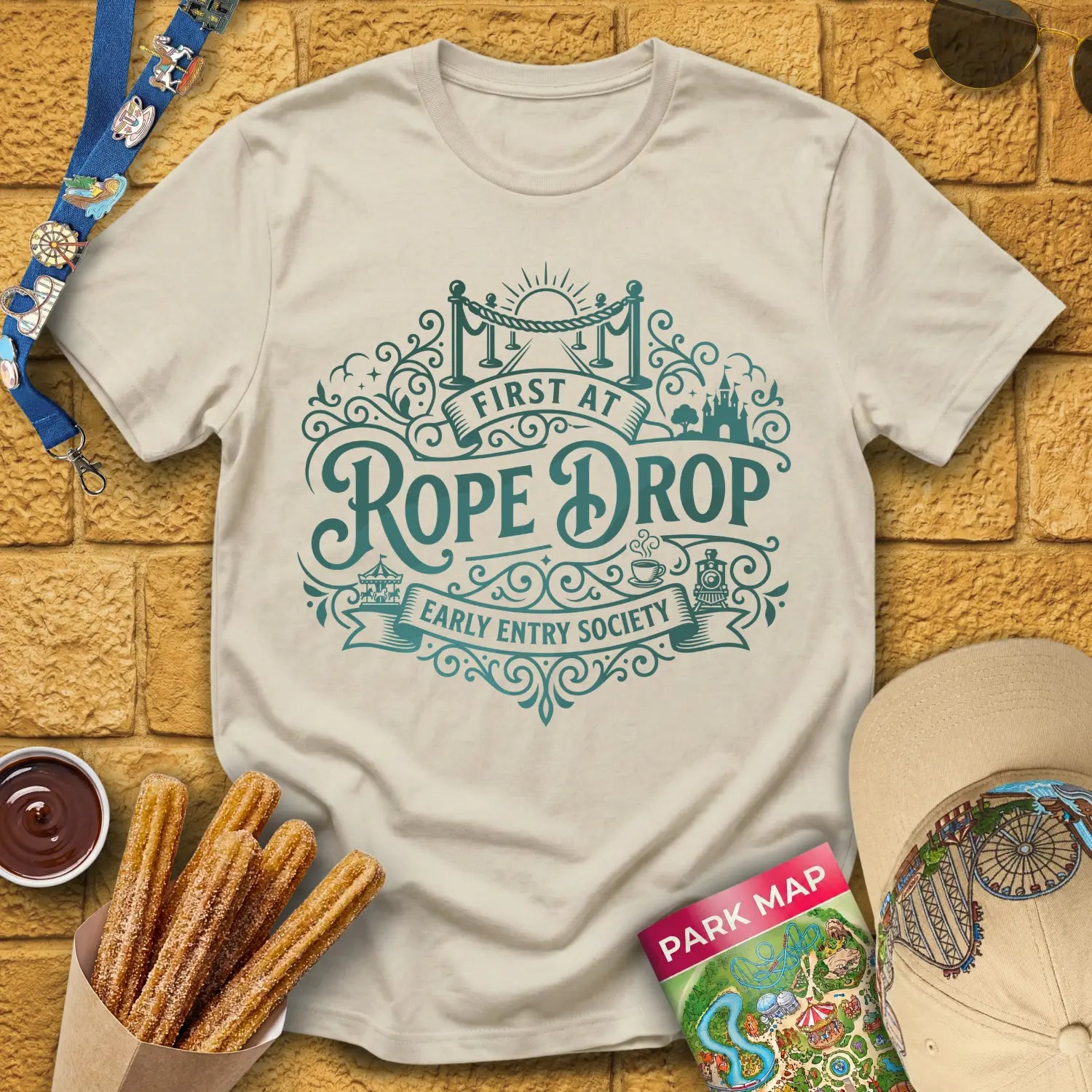 First At Rope Drop [VictorianBadge] T-Shirt for Theme Park Fans (Sand)