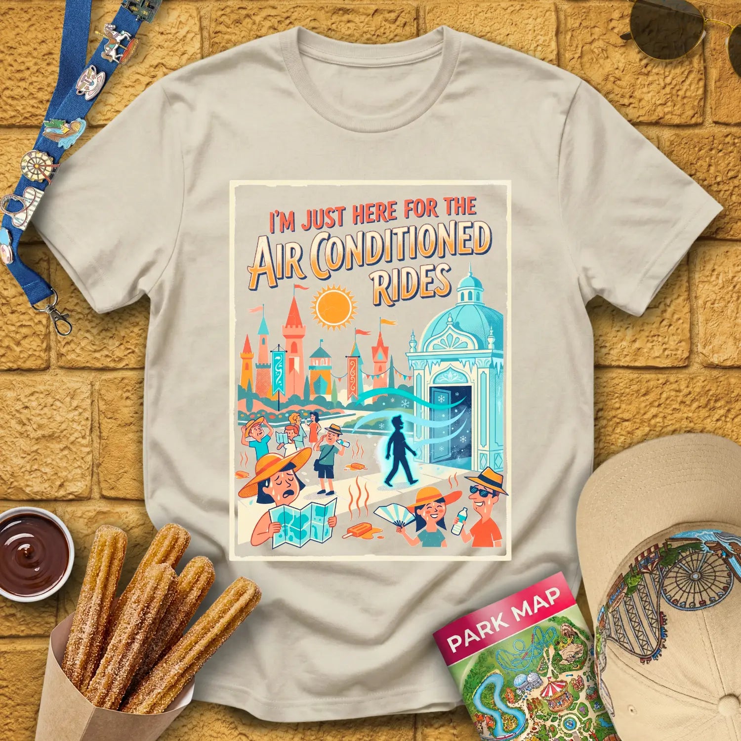 Here For AC Rides [RetroComic] T-Shirt for Theme Park Fans (Sand)