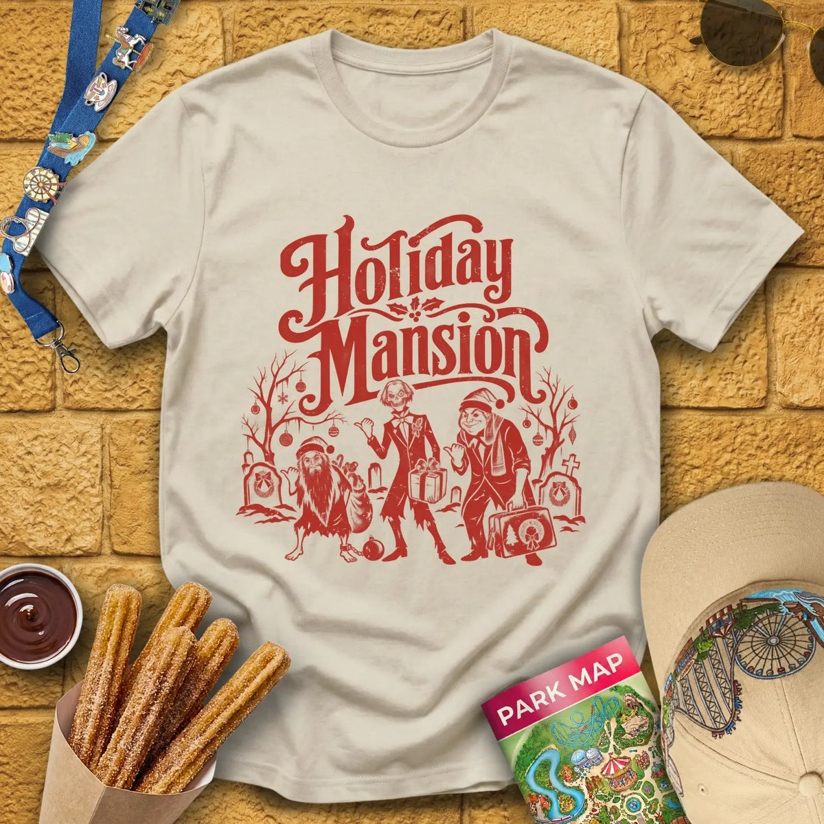 Holiday Mansion Ghosts [Retro] T-Shirt for Theme Park Fans (Sand)