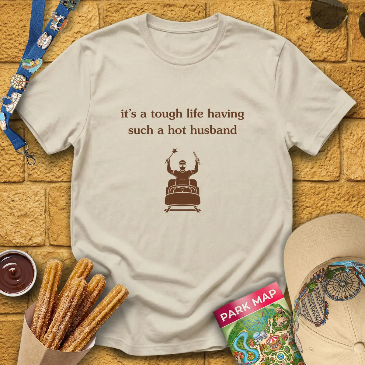 Hot Husband [Sleek] T-Shirt for Theme Park Fans (Sand)