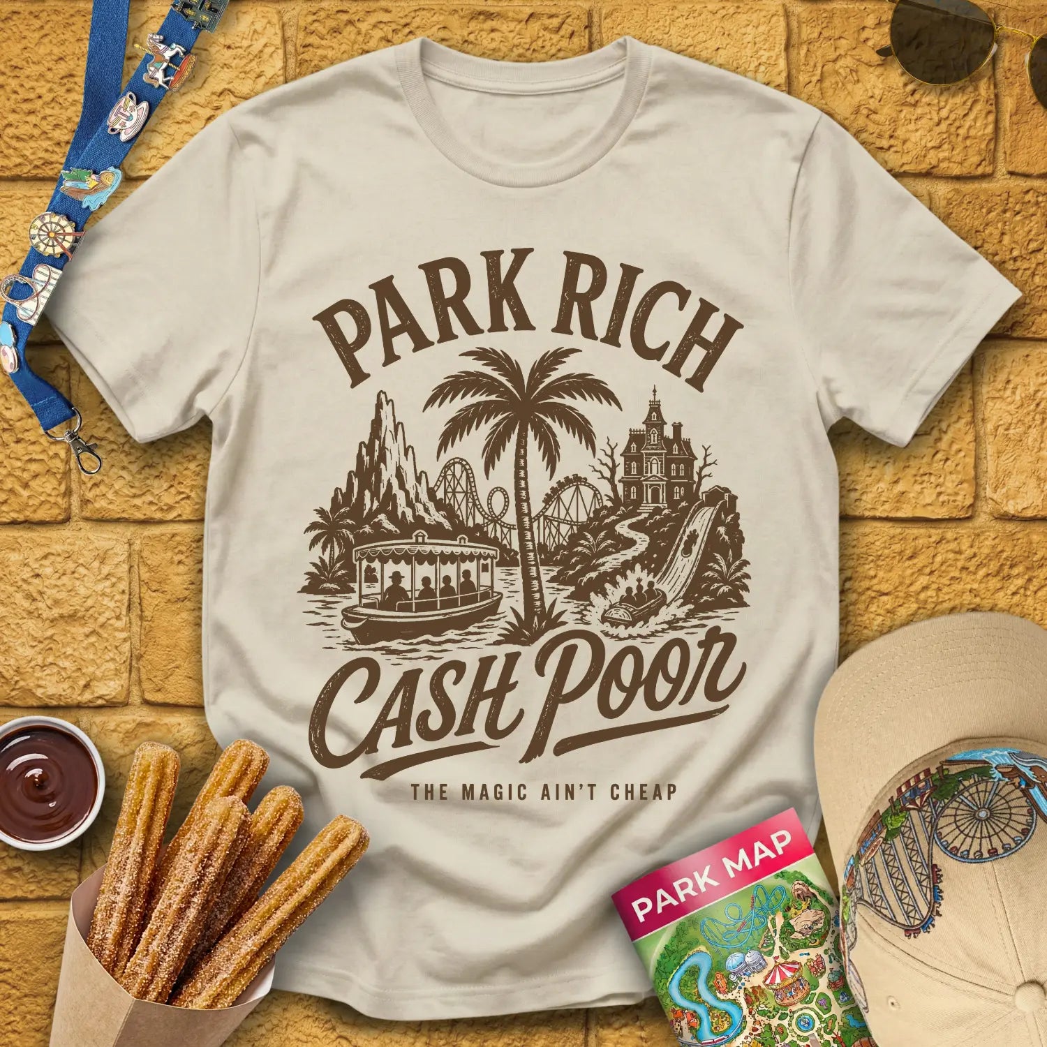 Park Rich Cash Poor [RetroBrush] T-Shirt for Theme Park Fans (Sand)
