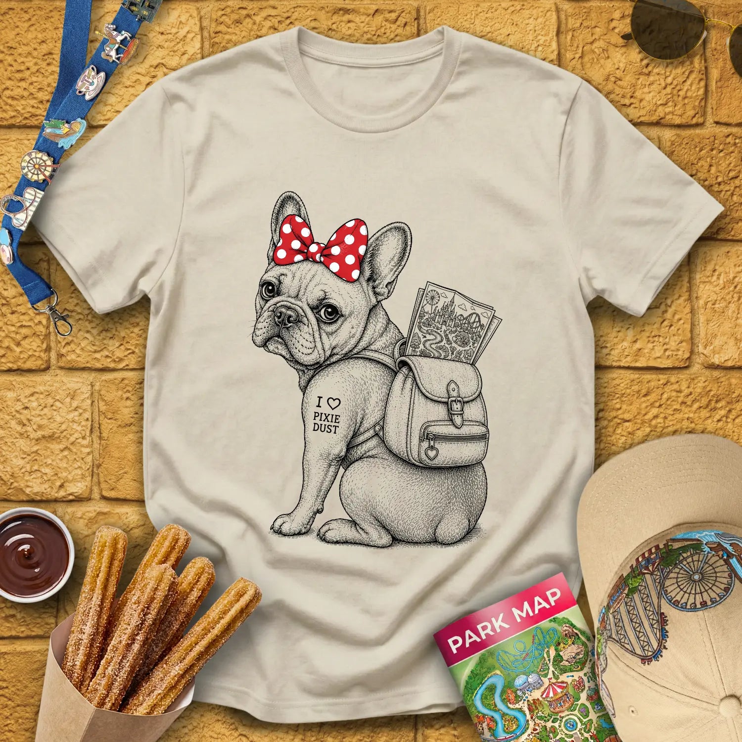 Pixie Dust Frenchie [Woodcut] T-Shirt for Theme Park Fans (Sand)
