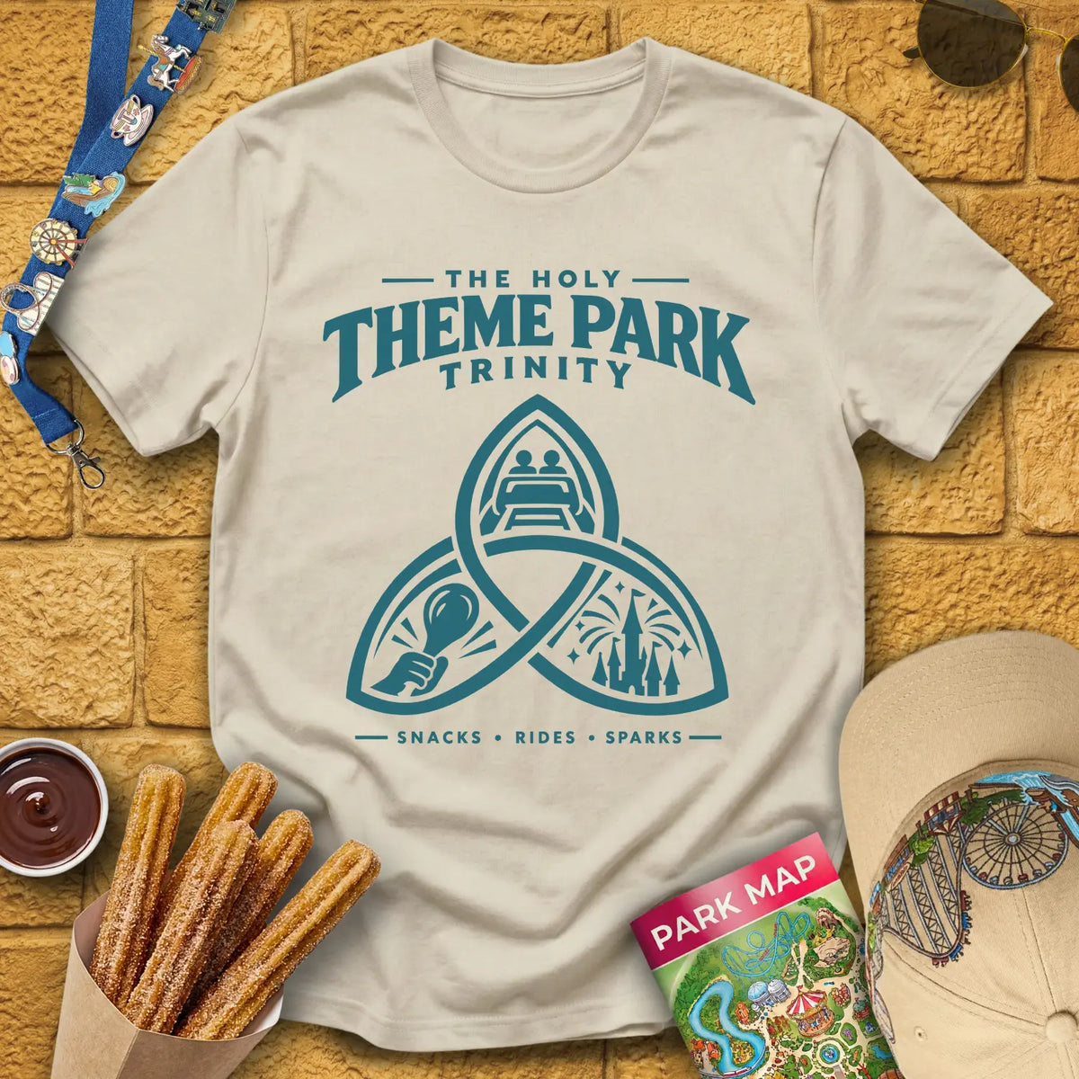Theme Park Trinity [Sleek] T-Shirt for Theme Park Fans (Sand)