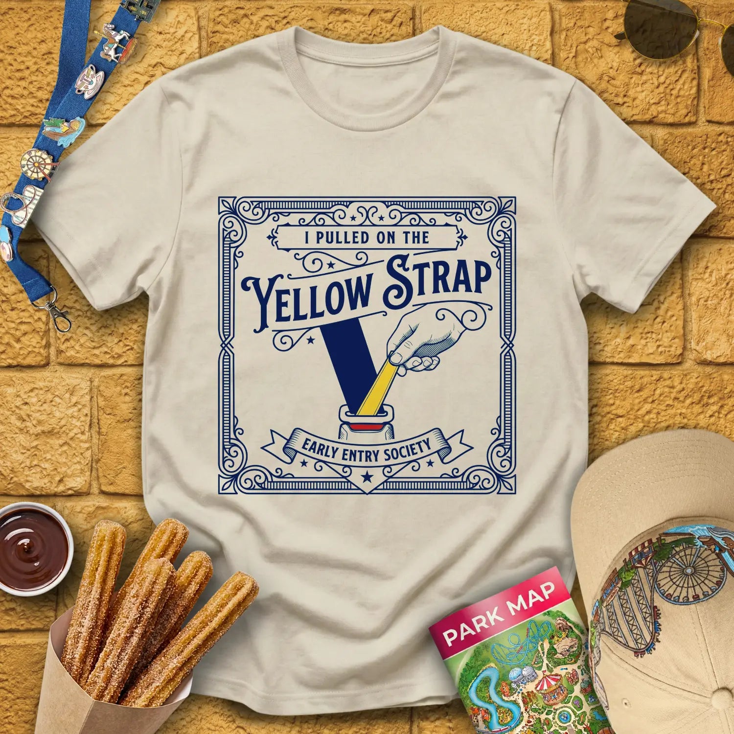 Yellow Strap [Victorian] T-Shirt for Theme Park Fans (Sand)