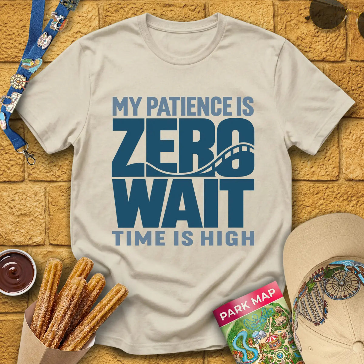 Zero Wait [Bold] T-Shirt for Theme Park Fans (Sand)
