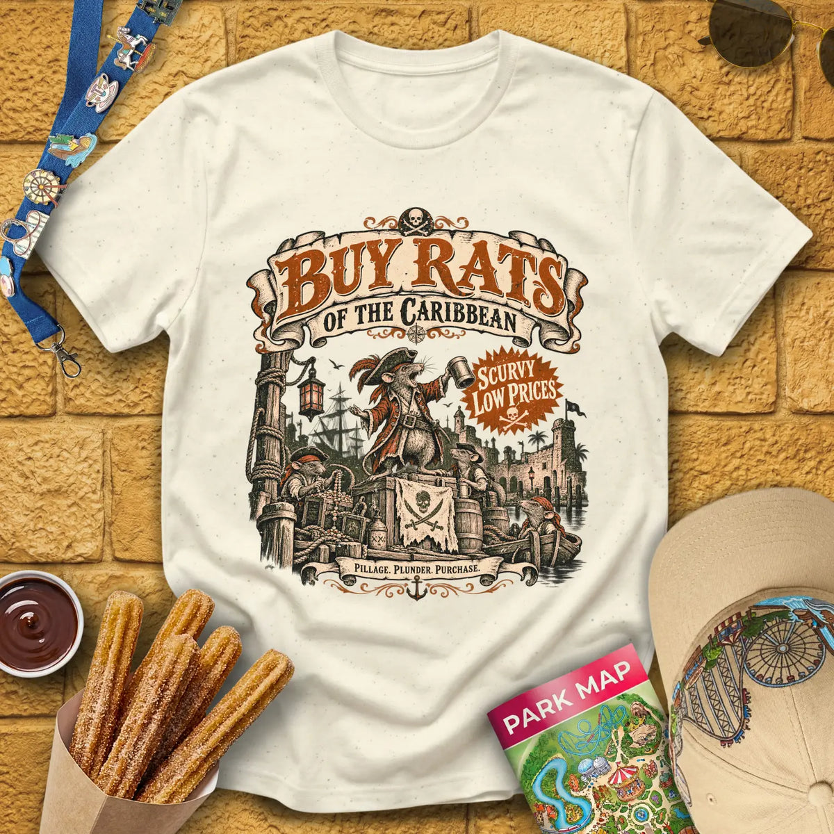Buy Rats Caribbean [Poster] T-Shirt for Theme Park Fans (Natural)