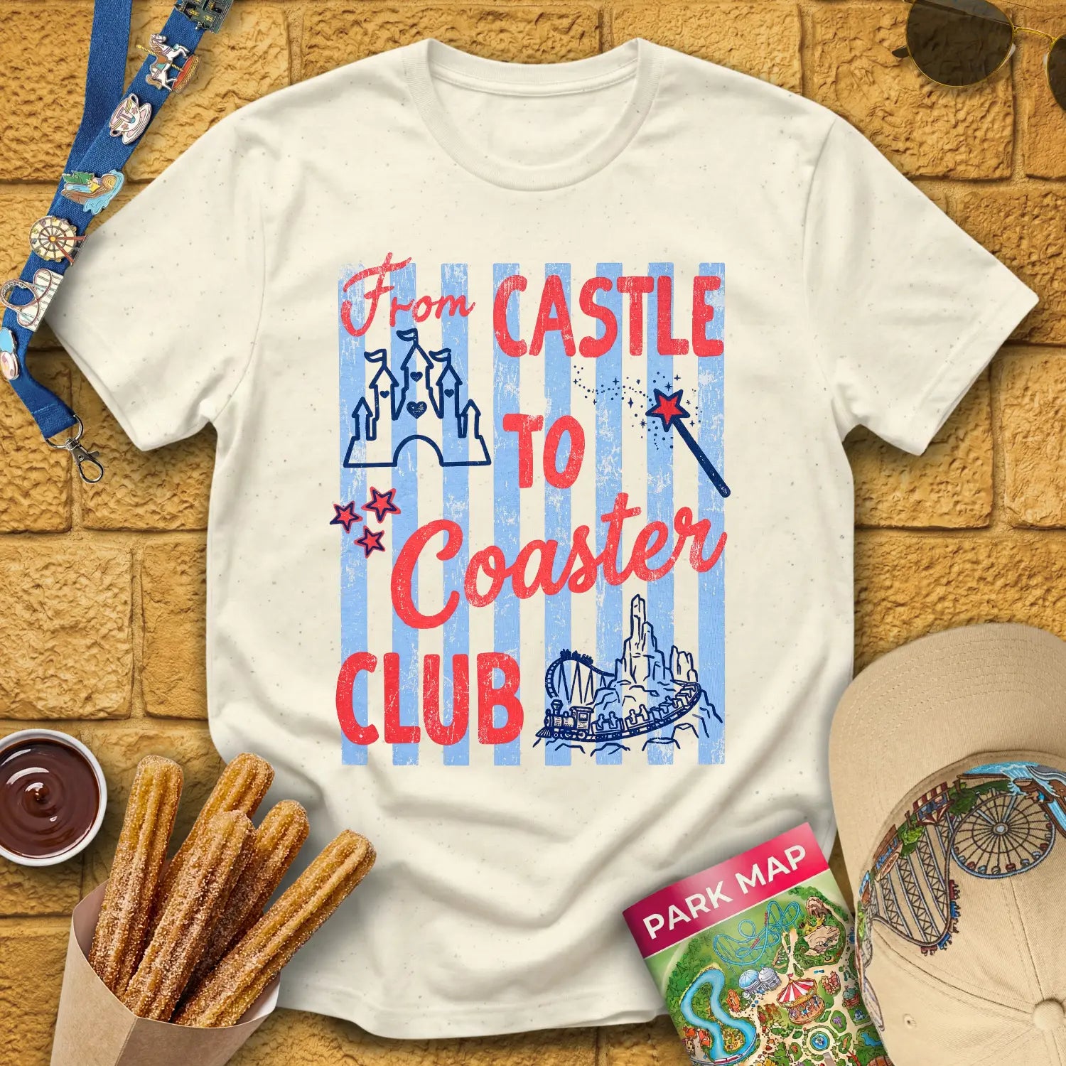 Castle Coaster Club [Distressed] T-Shirt for Theme Park Fans (Natural)
