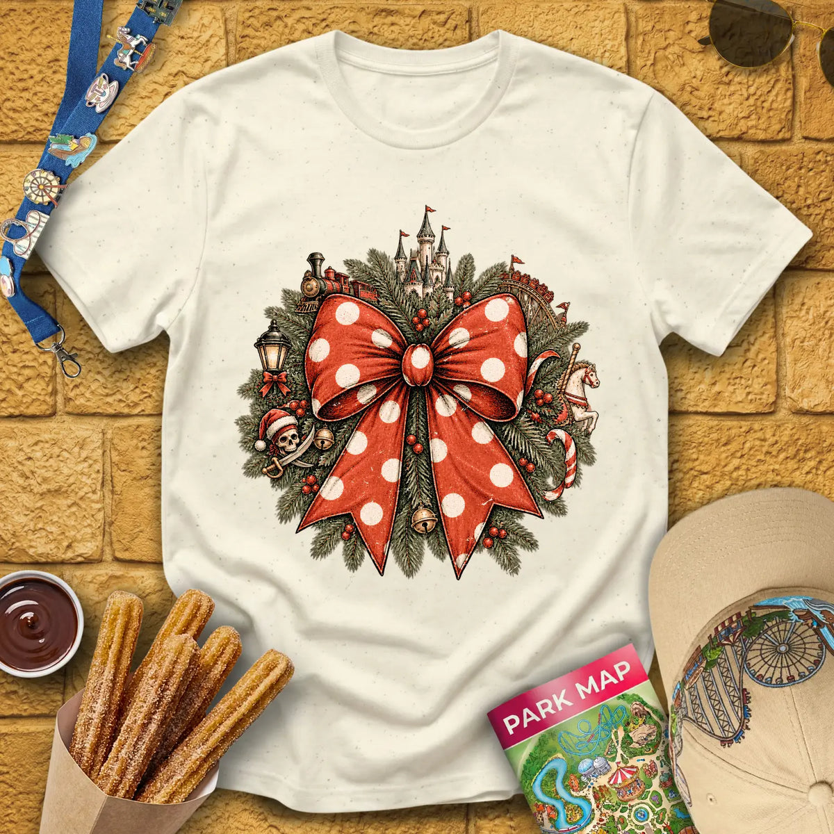 Christmas Ribbon [Vintage] T-Shirt for Theme Park Fans (Natural)