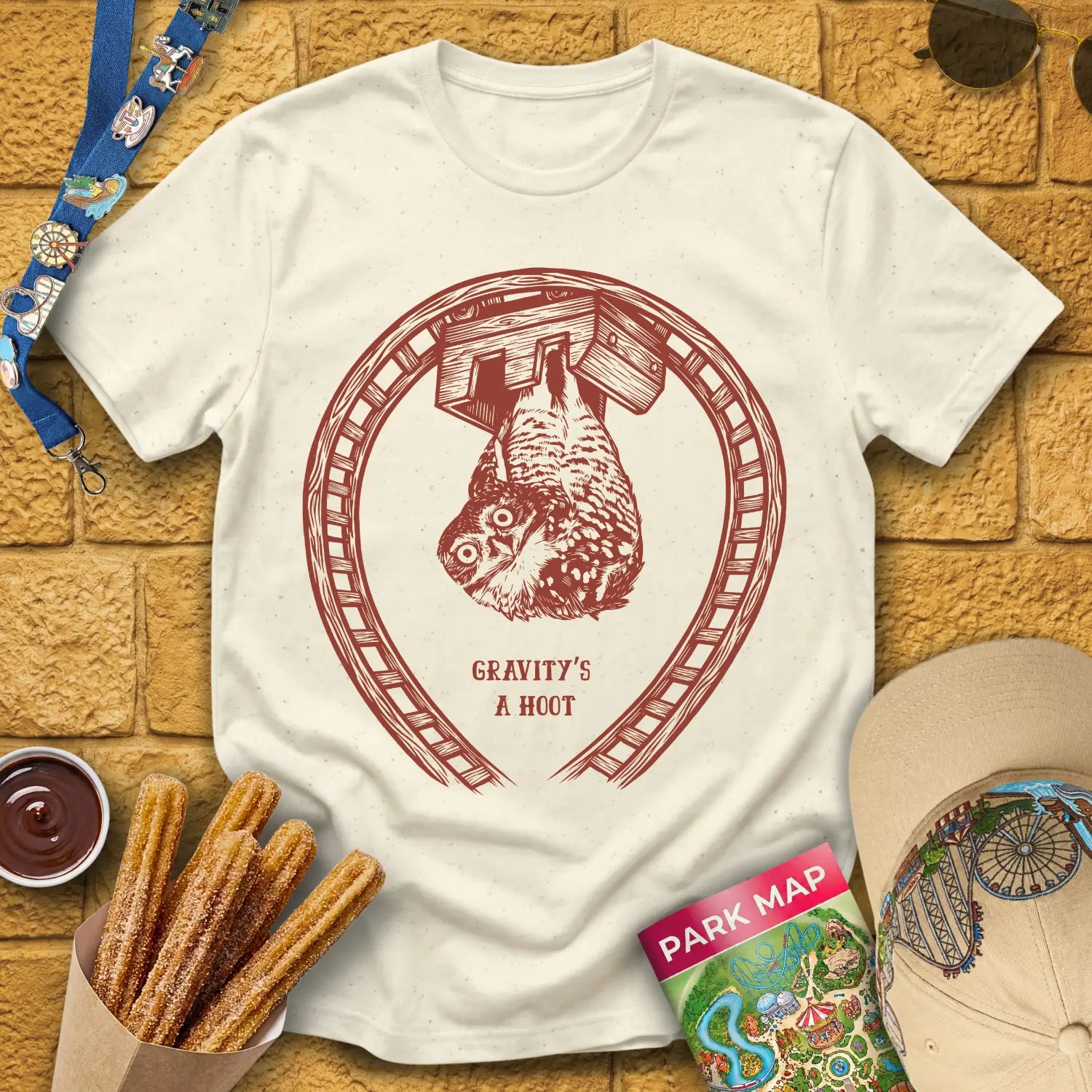 Coaster Owl [LinoCut] T-Shirt for Theme Park Fans (Natural)