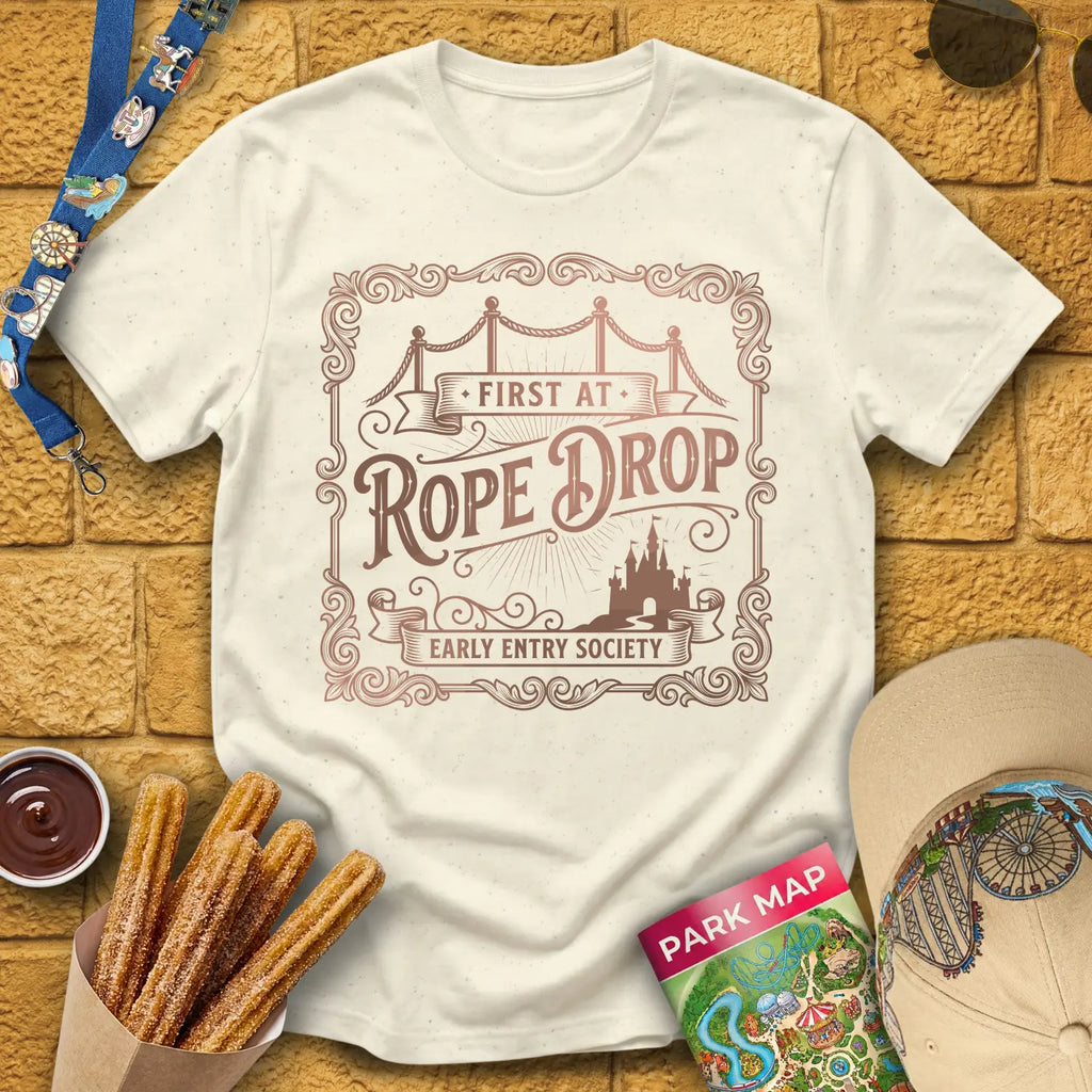 First At Rope Drop [Victorian] T-Shirt for Theme Park Fans (Natural)