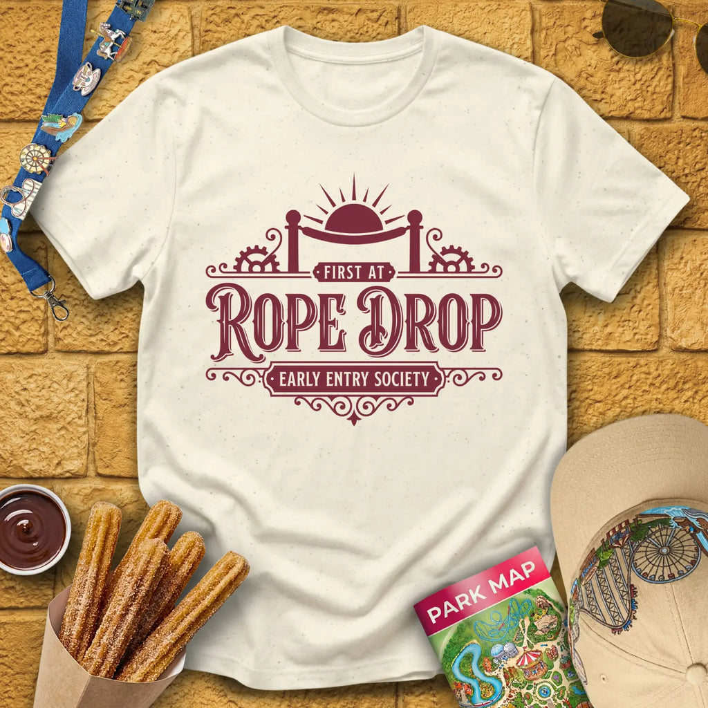 First At Rope Drop [VictorianSleek] T-Shirt for Theme Park Fans (Natural)
