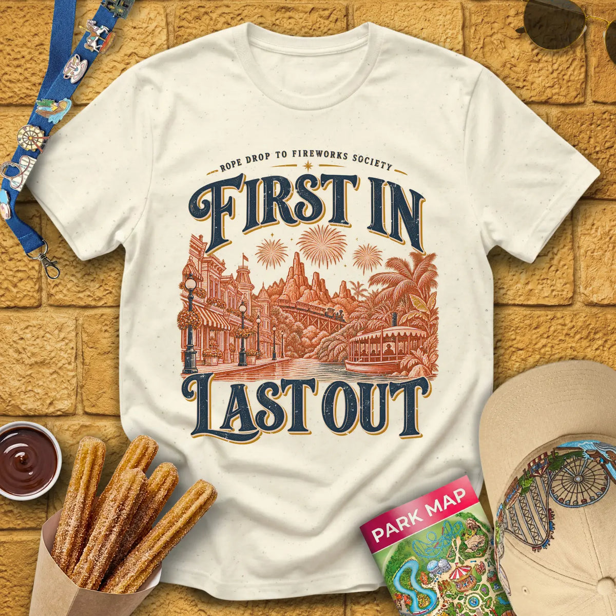 First In Last Out [Retro] T-Shirt for Theme Park Fans (Natural)