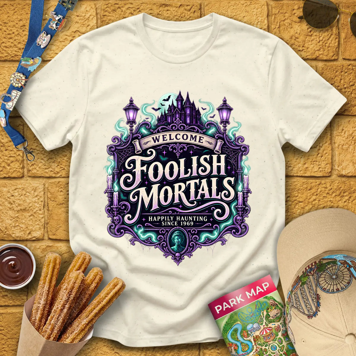 Foolish Mortals [Sign] T-Shirt for Theme Park Fans (Natural)