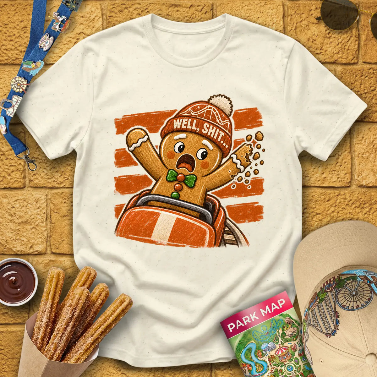 Gingerbread Man Fail [Striped] T-Shirt for Theme Park Fans (Natural)
