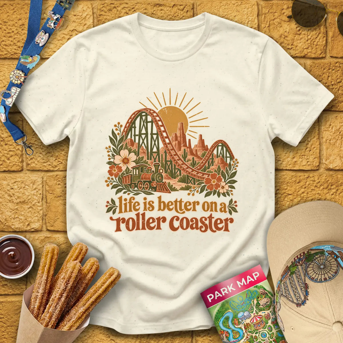 Life's Better On Coaster [Boho] T-Shirt for Theme Park Fans (Natural)