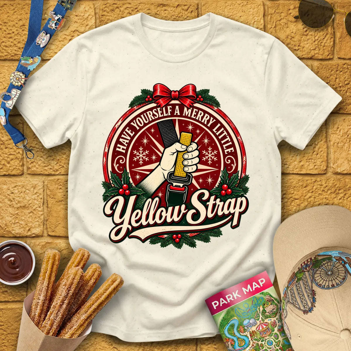Merry Yellow Strap [Badge] T-Shirt for Theme Park Fans (Natural)