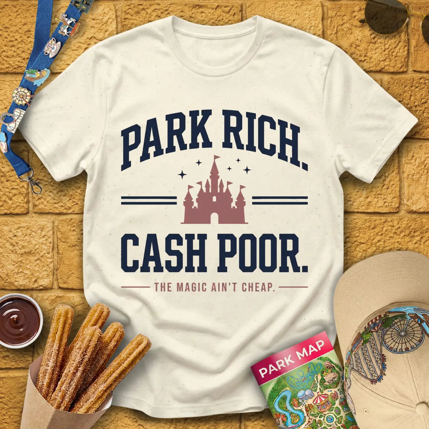 Park Rich Cash Poor [College] T-Shirt for Theme Park Fans (Natural)