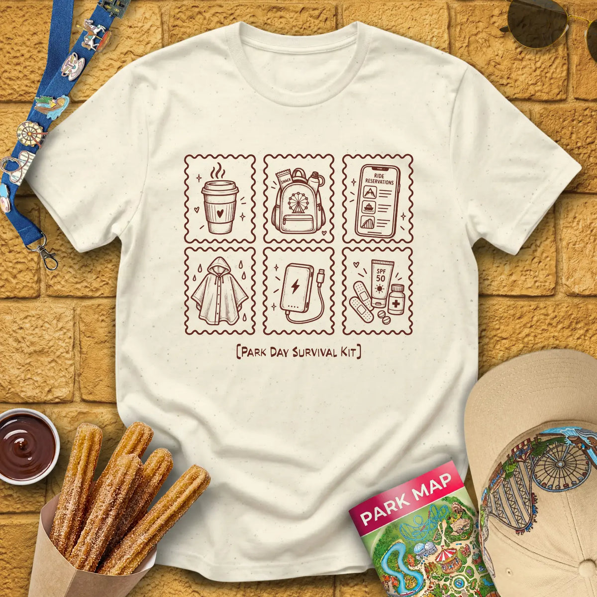 Park Survival Kit [Doodle] T-Shirt for Theme Park Fans (Natural)