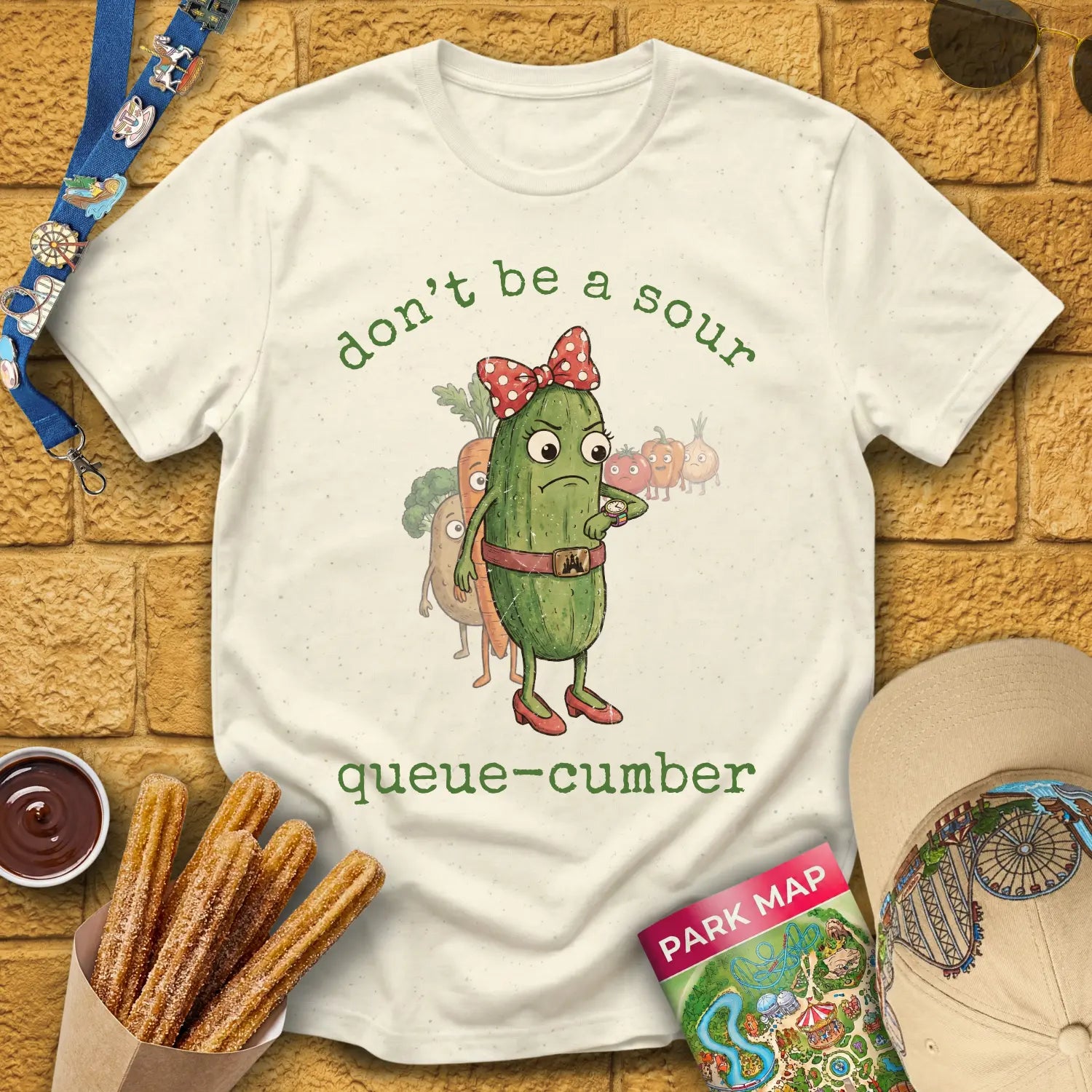 Queue-Cumber [InkPen] T-Shirt for Theme Park Fans (Natural)