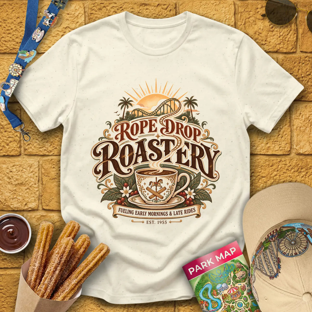 Rope Drop Roastery [Vintage] T-Shirt for Theme Park Fans (Natural)