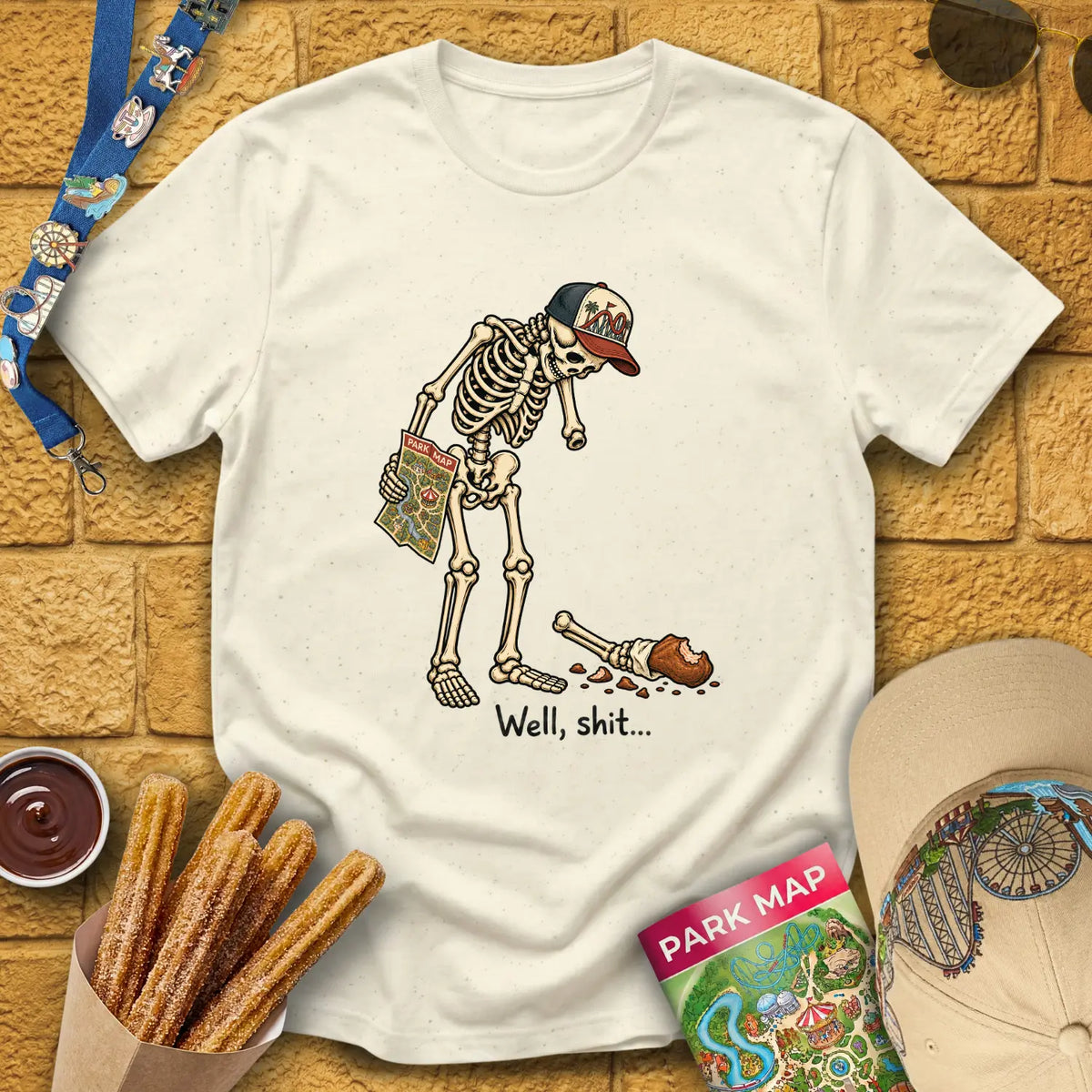 Skeleton & Turkey [Illu] T-Shirt for Theme Park Fans (Natural)