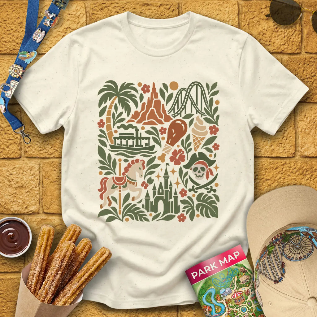 Theme Park Collage [FolkArt] T-Shirt for Theme Park Fans (Natural)