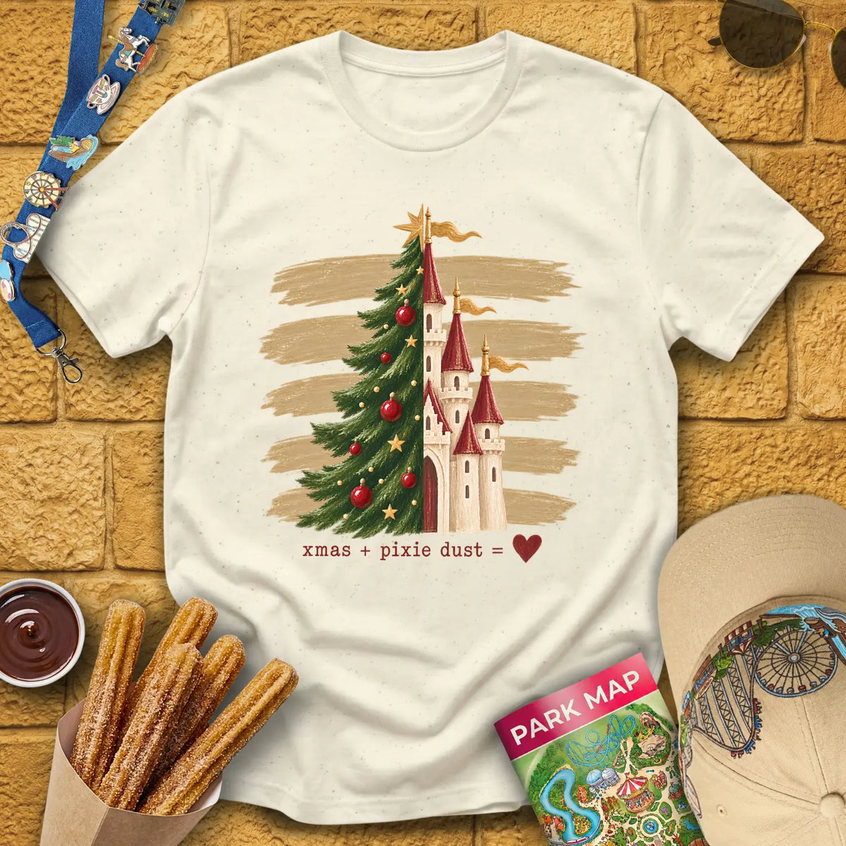 Tree & Castle [Rustic] T-Shirt for Theme Park Fans (Natural)