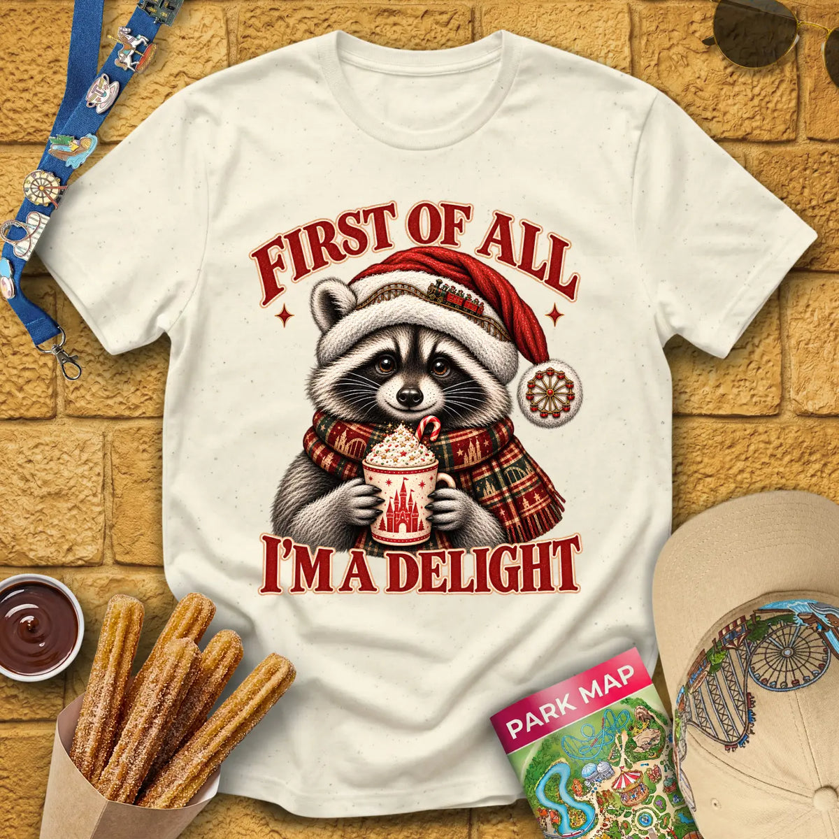 Xmas Raccoon [Etched] T-Shirt for Theme Park Fans (Natural)