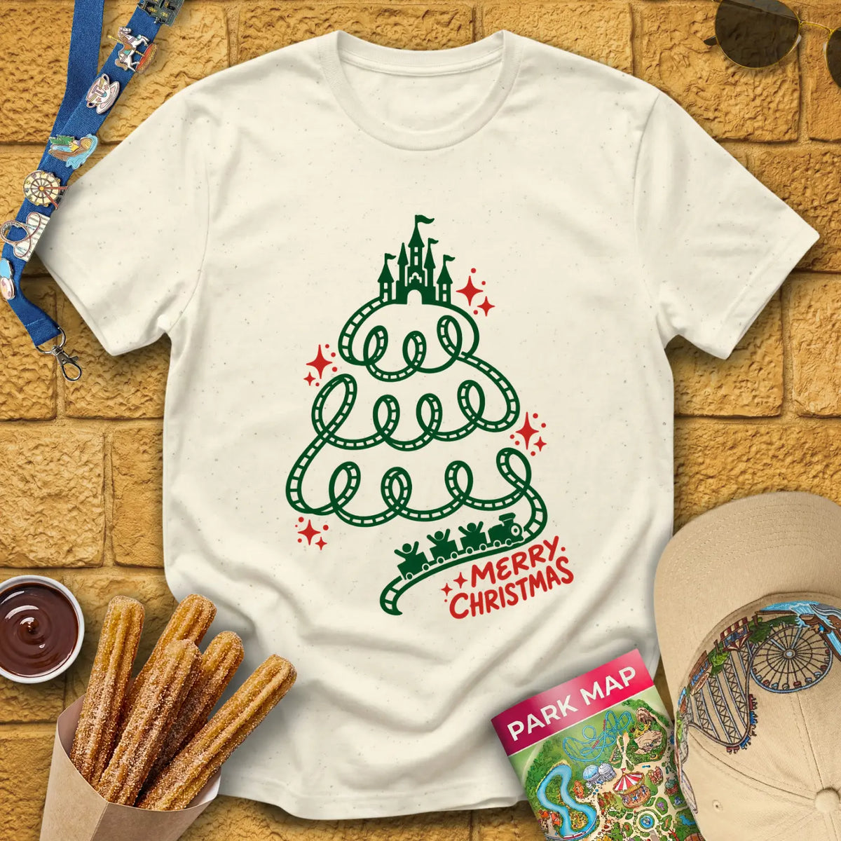 Xmas Train Tree [Monoline] T-Shirt for Theme Park Fans (Natural)