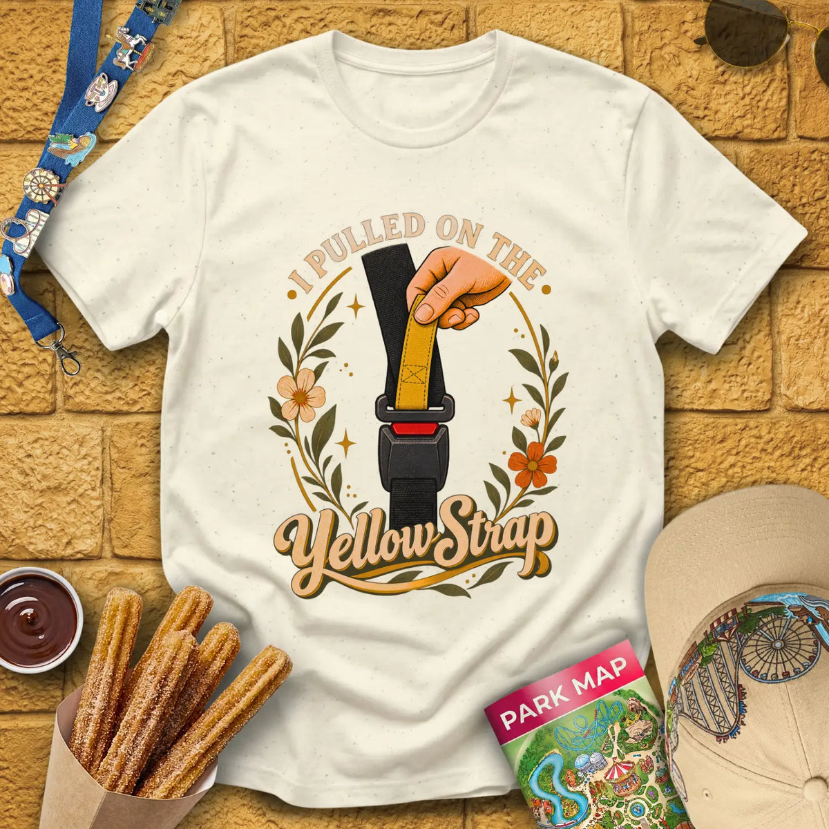 Yellow Strap [BohoOval] T-Shirt for Theme Park Fans (Natural)