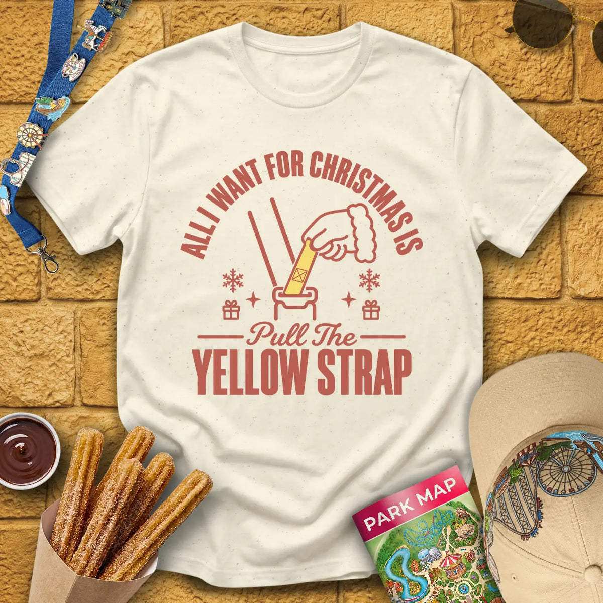 Yellow Strap Christmas [Emblem] T-Shirt for Theme Park Fans (Natural)