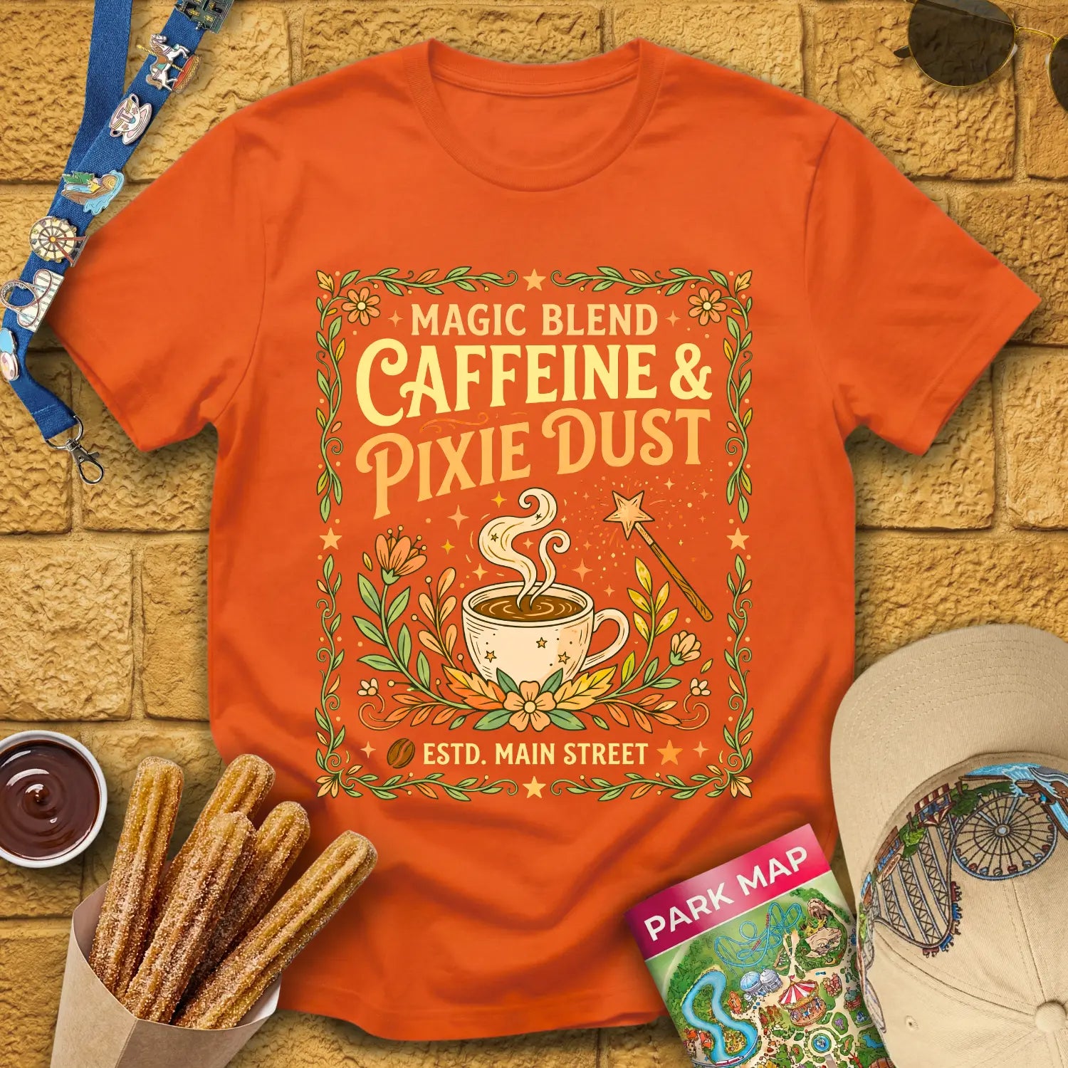 Caffeine & Pixie Dust [RetroBoho2] T-Shirt for Theme Park Fans (Orange)
