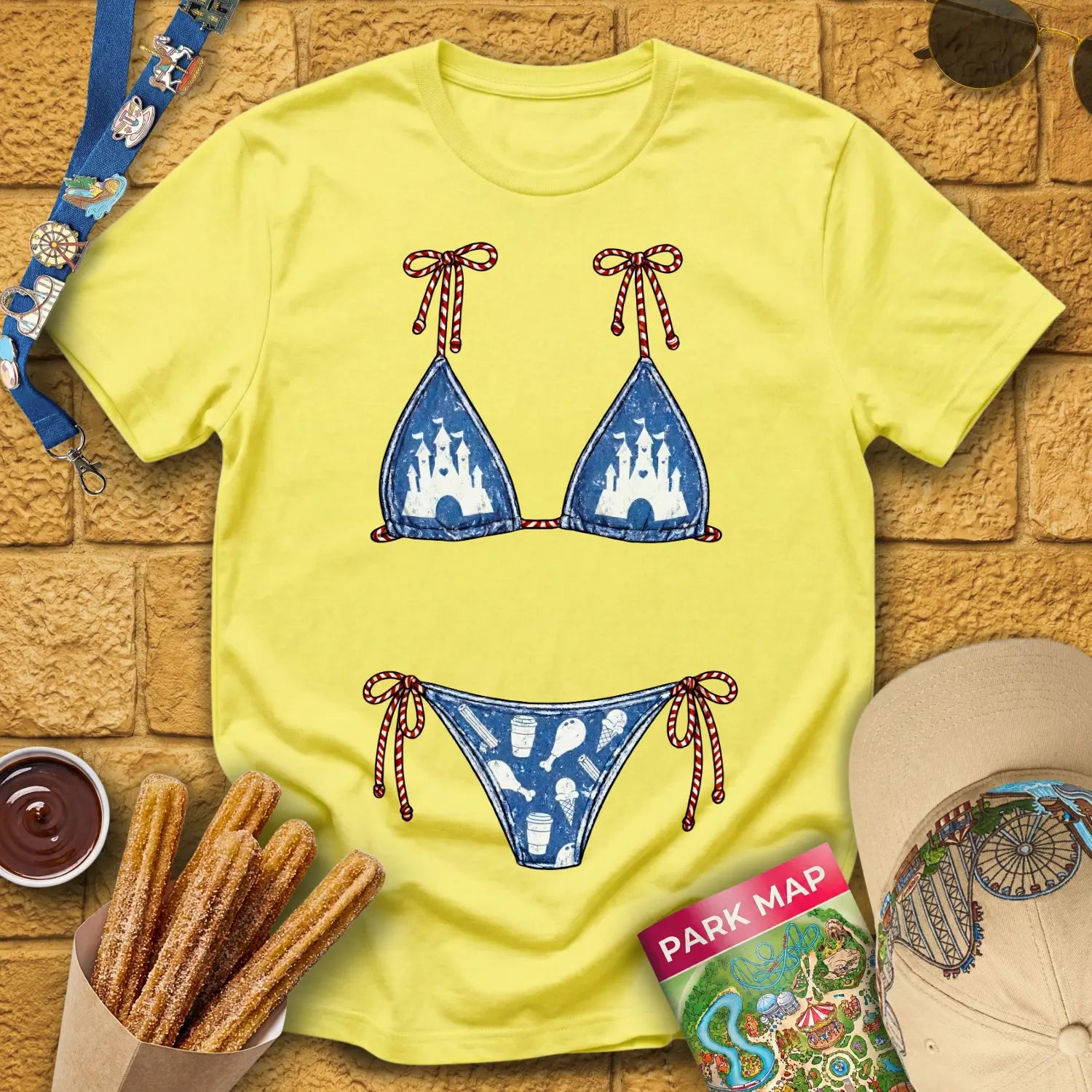 Bikini [Distressed] T-Shirt for Theme Park Fans (Cornsilk)