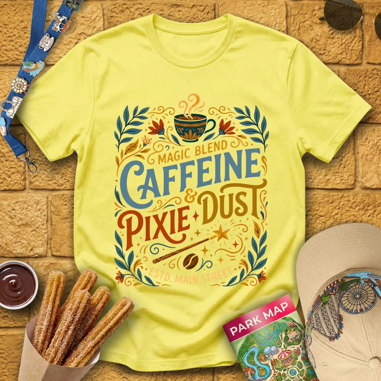 Caffeine & Pixie Dust [RetroBoho1] T-Shirt for Theme Park Fans (Cornsilk)
