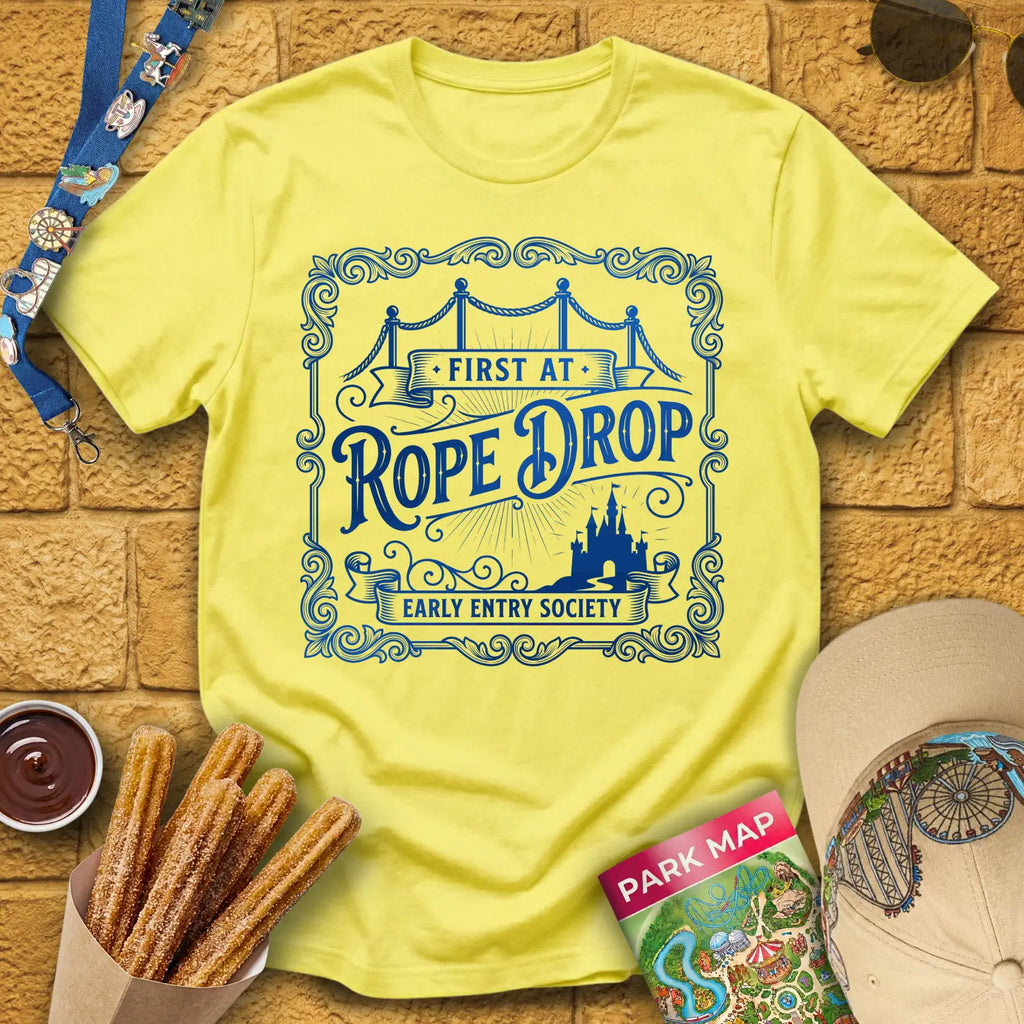 First At Rope Drop [Victorian] T-Shirt for Theme Park Fans (Cornsilk)