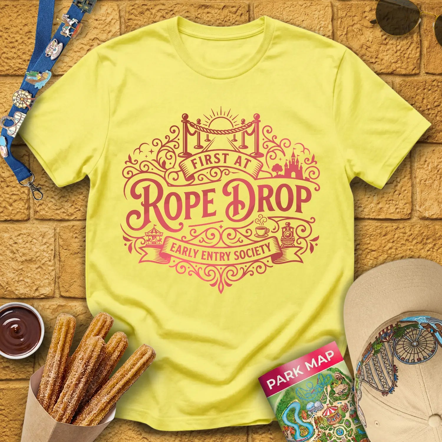 First At Rope Drop [VictorianBadge] T-Shirt for Theme Park Fans (Cornsilk)