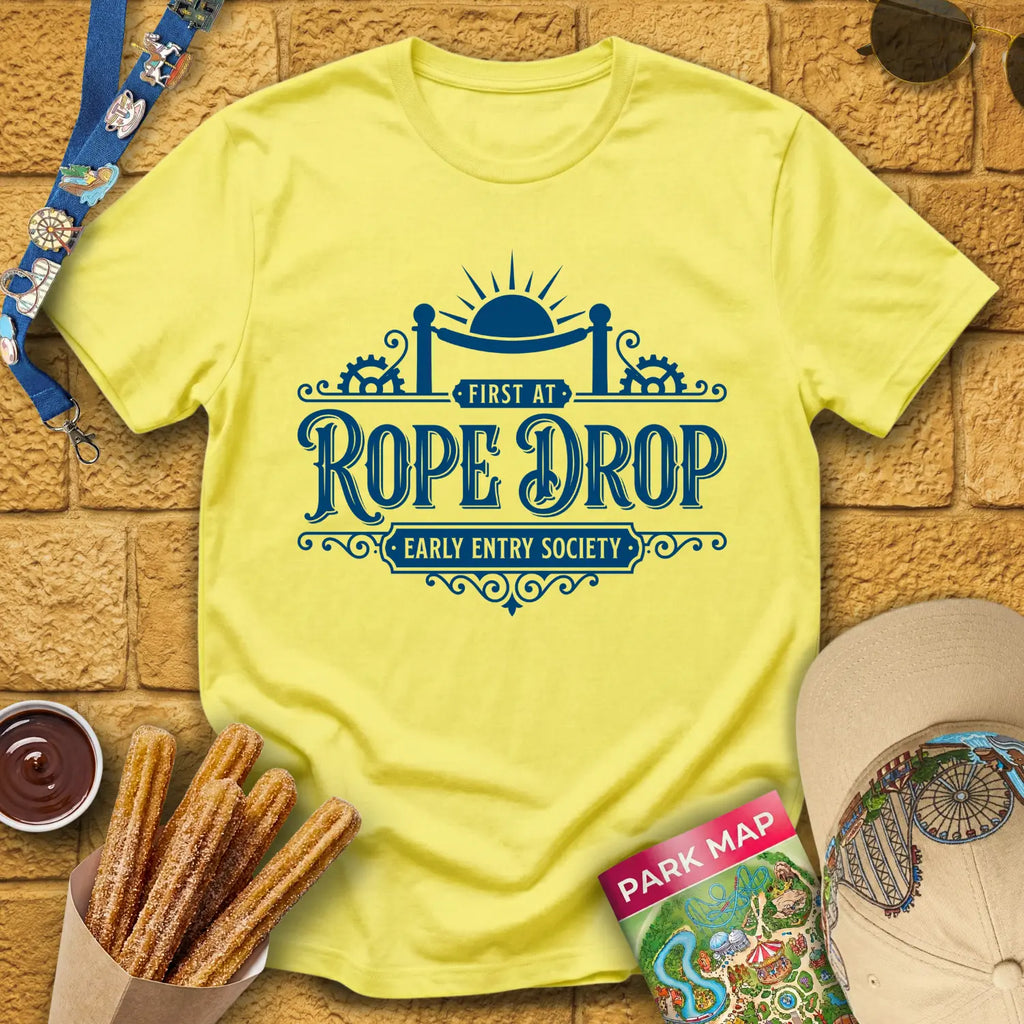 First At Rope Drop [VictorianSleek] T-Shirt for Theme Park Fans (Cornsilk)