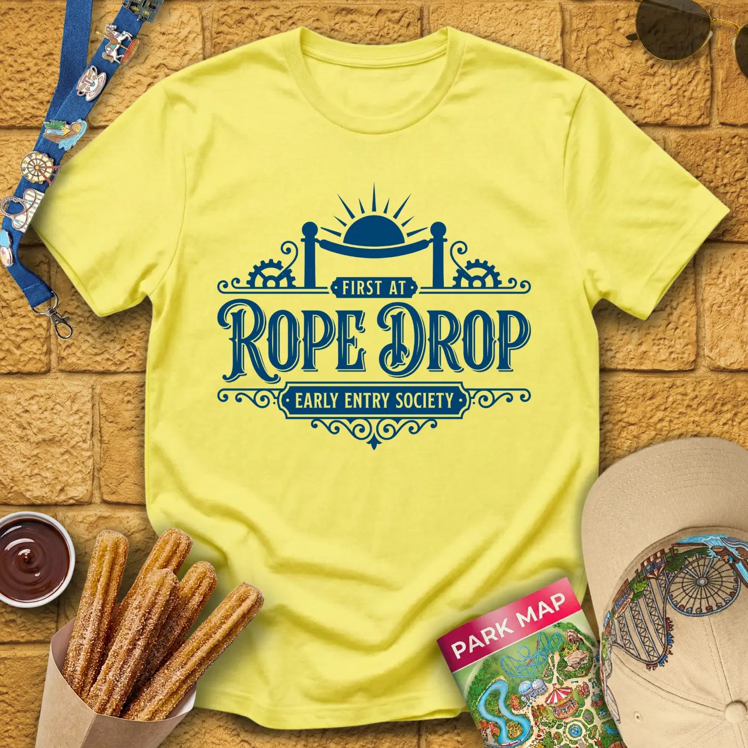 First At Rope Drop [VictorianSleek] T-Shirt for Theme Park Fans (Cornsilk)