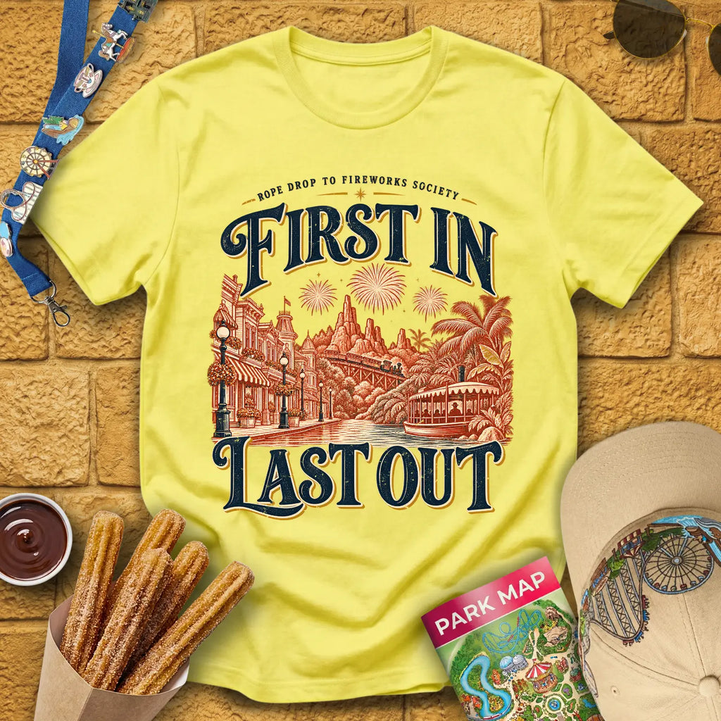 First In Last Out [Retro] T-Shirt for Theme Park Fans (Cornsilk)