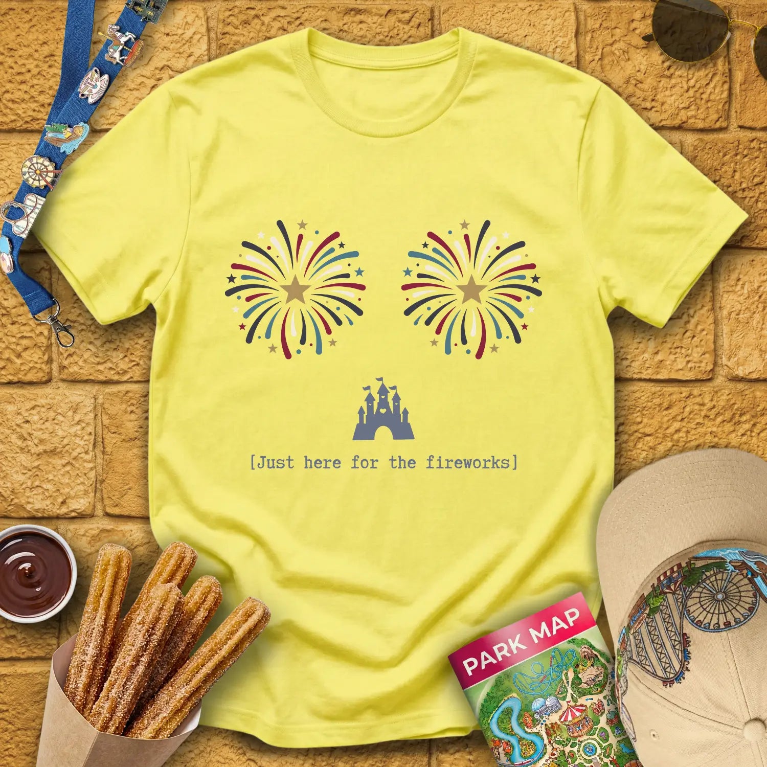 Here For Fireworks [Girly] T-Shirt for Theme Park Fans (Cornsilk)