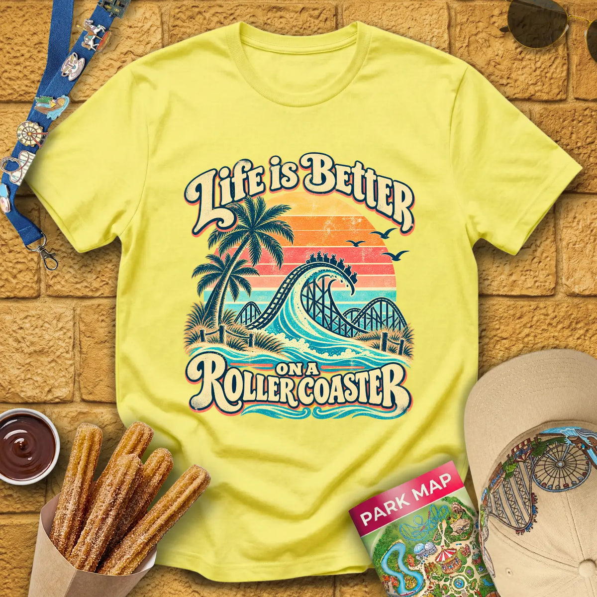 Life's Better On Coaster [Surfer] T-Shirt for Theme Park Fans (Cornsilk)